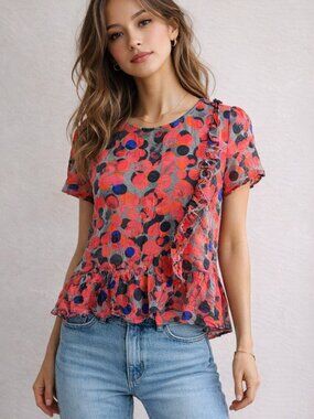 ✨2/$20 HD in Paris x Anthro 100% Silk Ruffle Peplum Dotted Abstract Top Size 4